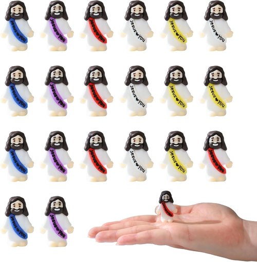 Cowlyn Mini Jesus Figurines - Multicolor Tiny Statues for Easter Egg Stuffers | Set of 20 Religious Gifts