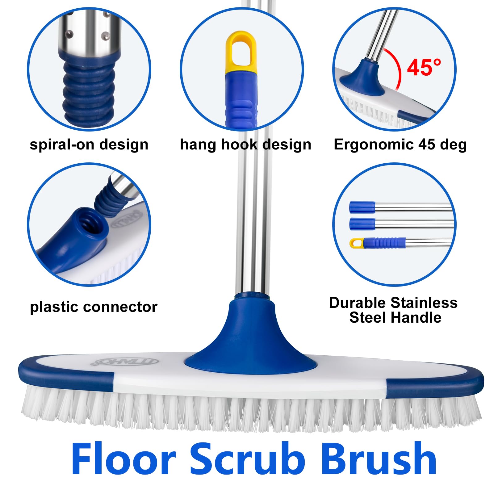ITTAHO Floor Scrub Brush with Long Handle - 53" Deck & Grout Cleaner Brush Set for Tile, Marble, Stone, Bathroom, Patio, Garage, Deck & Floor Cleaning