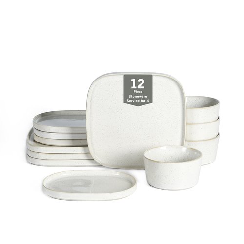 Stone Lain Cairo 12-Piece Dinnerware Set Stoneware, Plates and Bowls Set, Microwave and Dishwasher Safe, Includes Dinner and Salad Plates, Cereal Bowls, Dish for 4, White Speckled