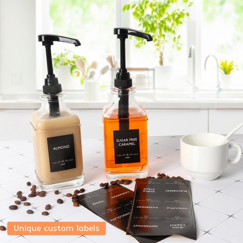 BIGIVACA 4 Pack Coffee Syrup Dispenser 16 oz,Clear Glass Syrup Bottle with 1/4oz Capacity Pump,Syrup Dispenser for Coffee Bar with Plastic Pump