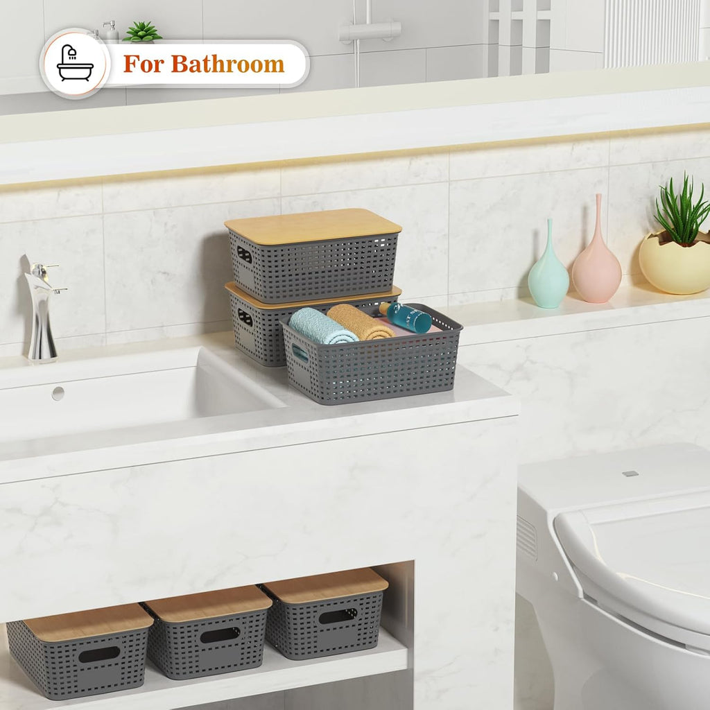 Skiennix Plastic Storage Baskets - Stackable Containers with Bamboo Lid | 6-Pack Gray for Organizing Shelves and Desks