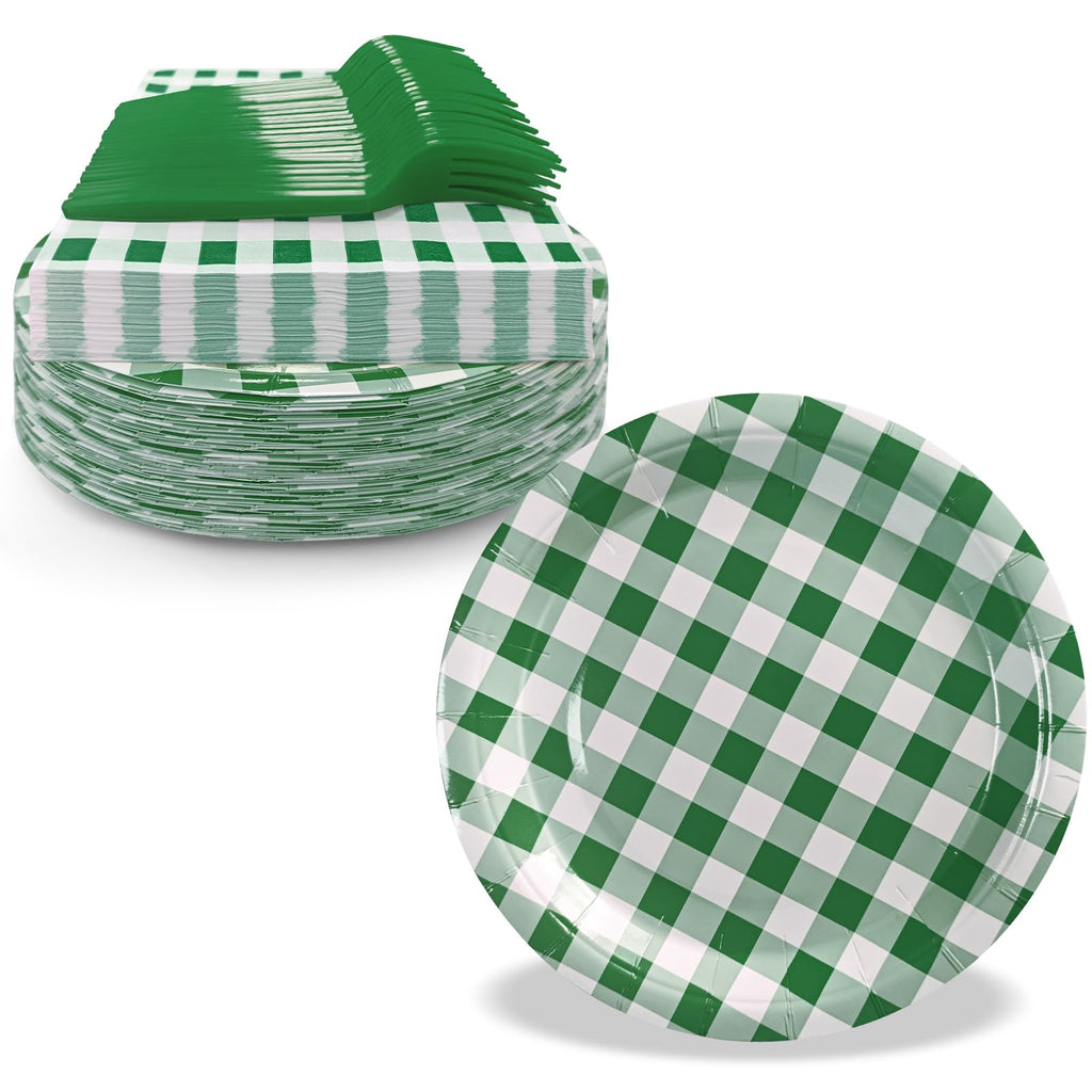 WYQJHKV 105 Pcs Dark Green Gingham Party Supplies Include 7 Inch Disposable Dark Green Dessert Paper Plates and Napkins for Wedding Baby Shower Birthday Party