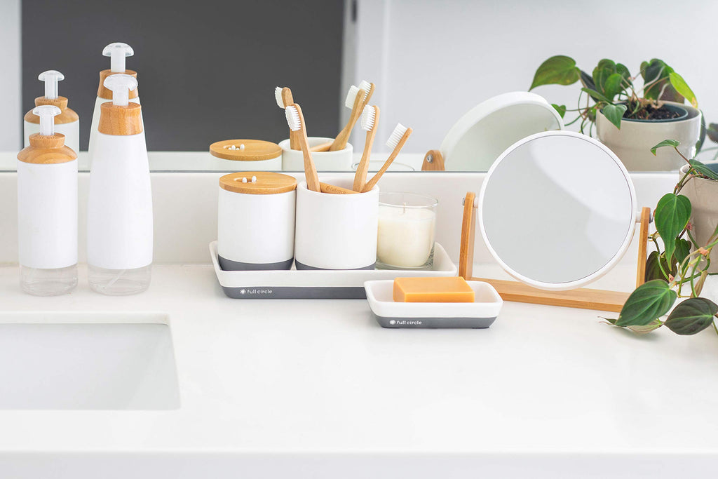 Full Circle Pick Me Up Cotton Swab and Q-Tip Canister, White & Bamboo