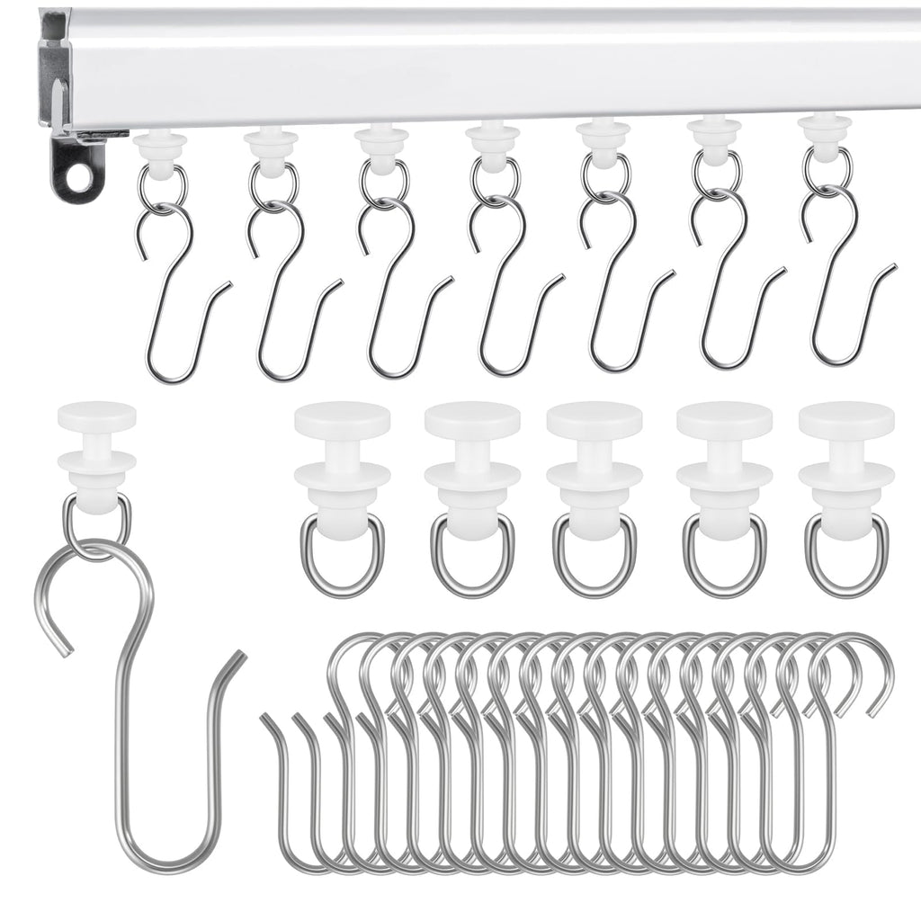 MARRTEUM 120 Pcs Shower Curtain Track Gliders & Curtain Hooks Set, Ceiling Mount Sliding Track S Shaped Metal Drapery Hooks and Plastic Rollers Sets for Drape Rails and Tracks