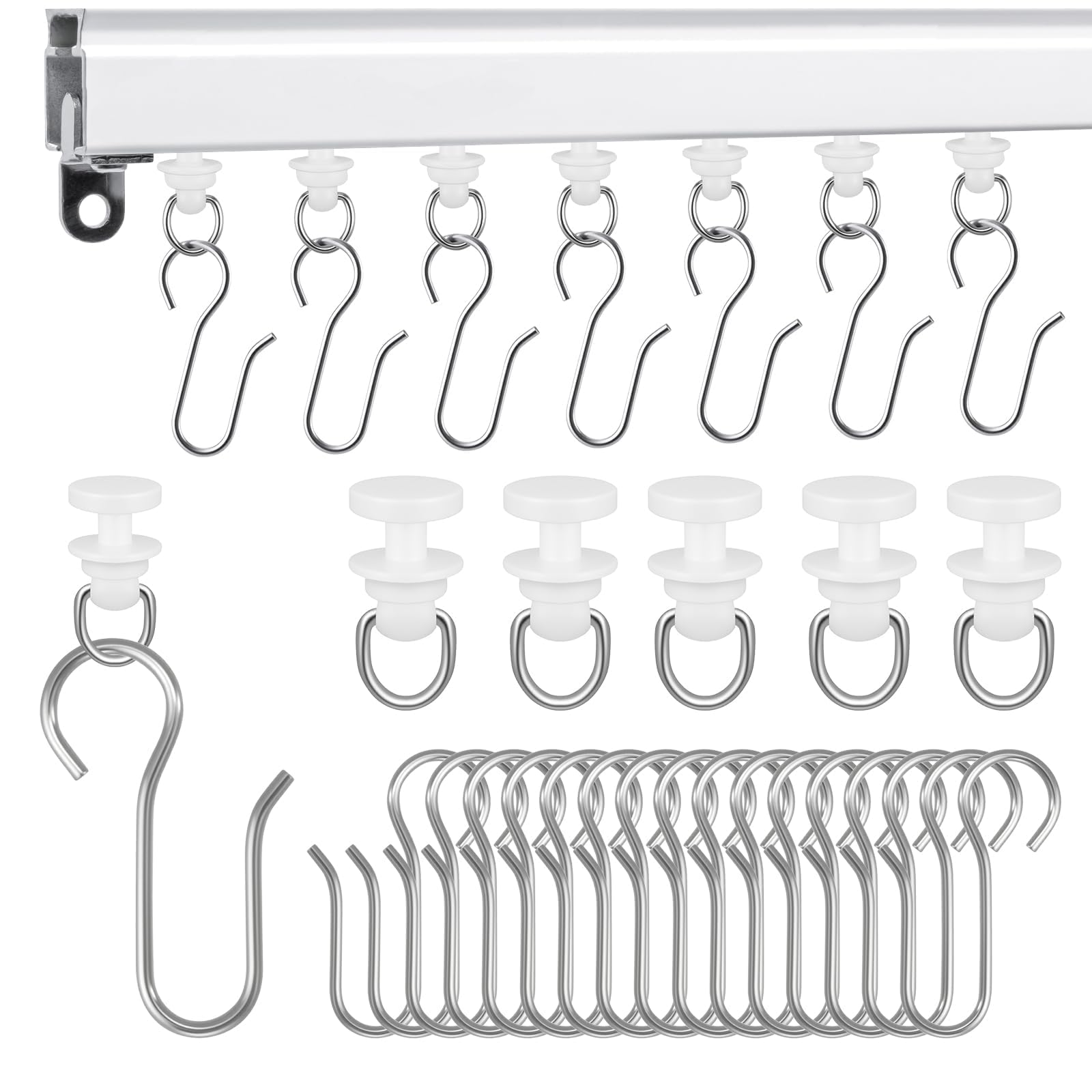 MARRTEUM 120 Pcs Shower Curtain Track Gliders & Curtain Hooks Set, Ceiling Mount Sliding Track S Shaped Metal Drapery Hooks and Plastic Rollers Sets for Drape Rails and Tracks