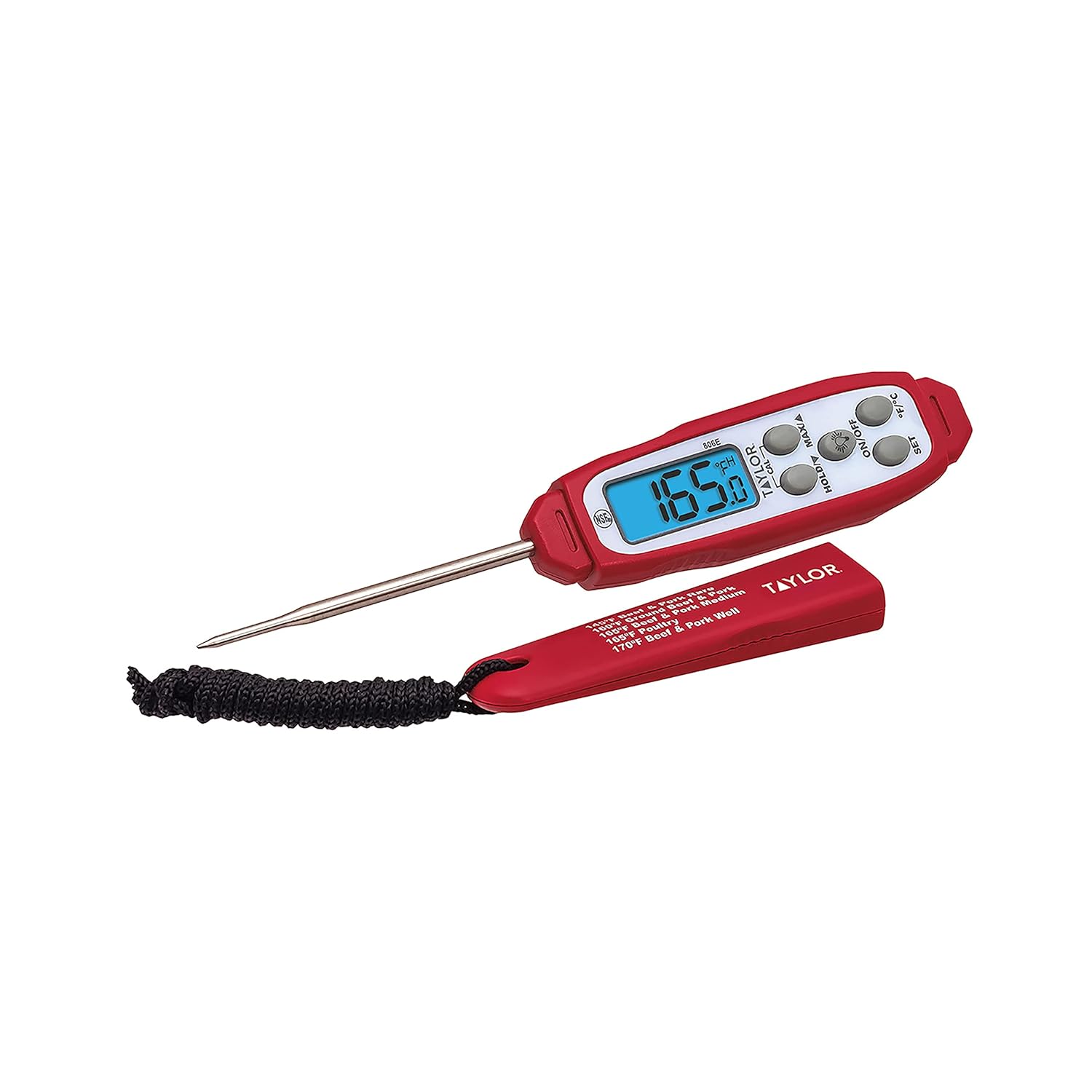 Taylor Digital Instant Read Meat Thermometer - Waterproof Kitchen Probe for Perfectly Cooked Chicken, Steak & BBQ | Fast Temperature Check, Blue Backlight Display, Red