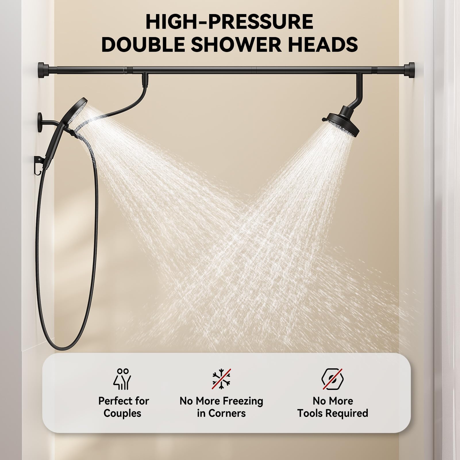 NTPN Dual Shower Head with Handheld for Couples, High Pressure Double Shower Heads for Two People Rod, Two Showerhead System Fit 2 Person, Gifts for Women Men, SPA-Like (Black, Segmented Design)
