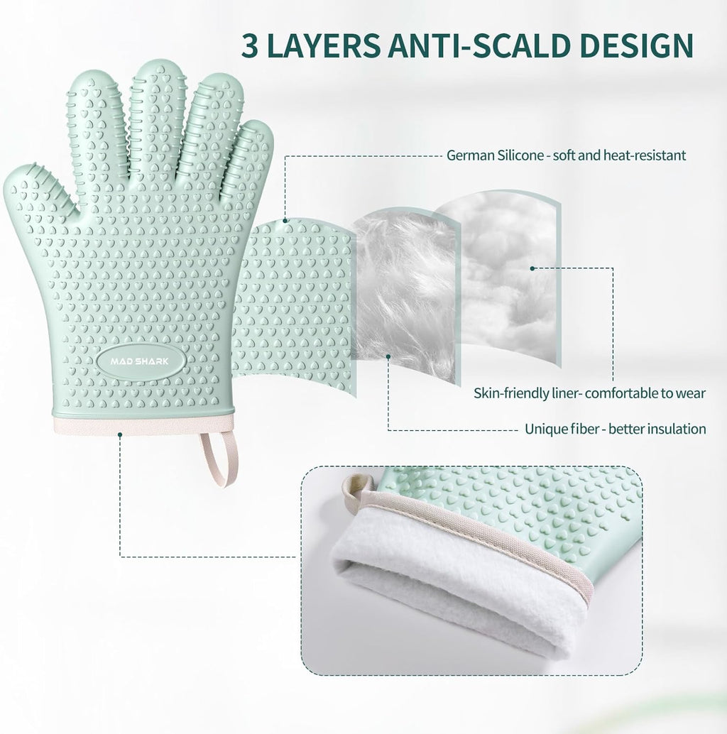 MAD SHARK Silicone Oven Mitts - Heat Resistant 450°F, Waterproof & Non-Slip Kitchen Gloves | Green