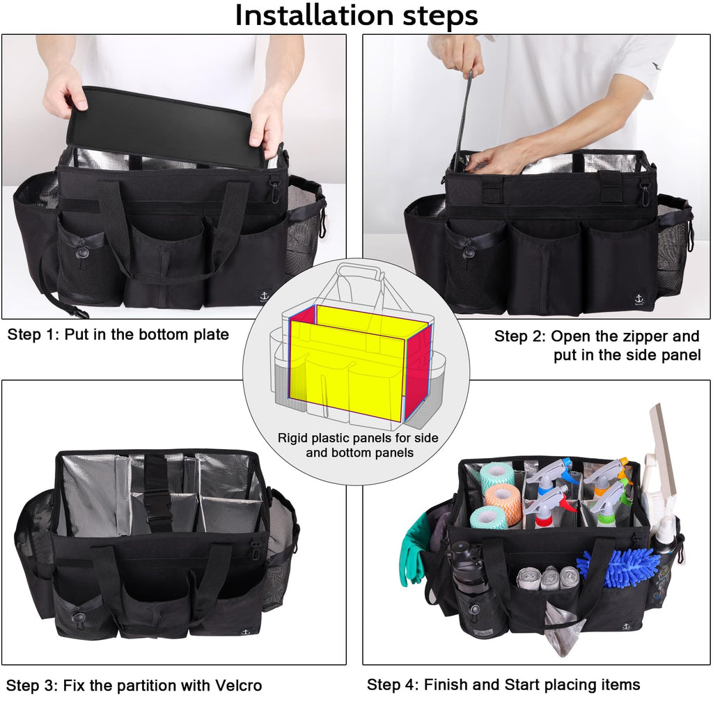 Timoxi Large Wearable Cleaning Caddy Bag with Detachable Divider, Cleaning Organizer with Handles, Cleaning Supply Tote with Adjustable Shoulder Strap&Waist Belt for Cleaners & Housekeeper (Black)