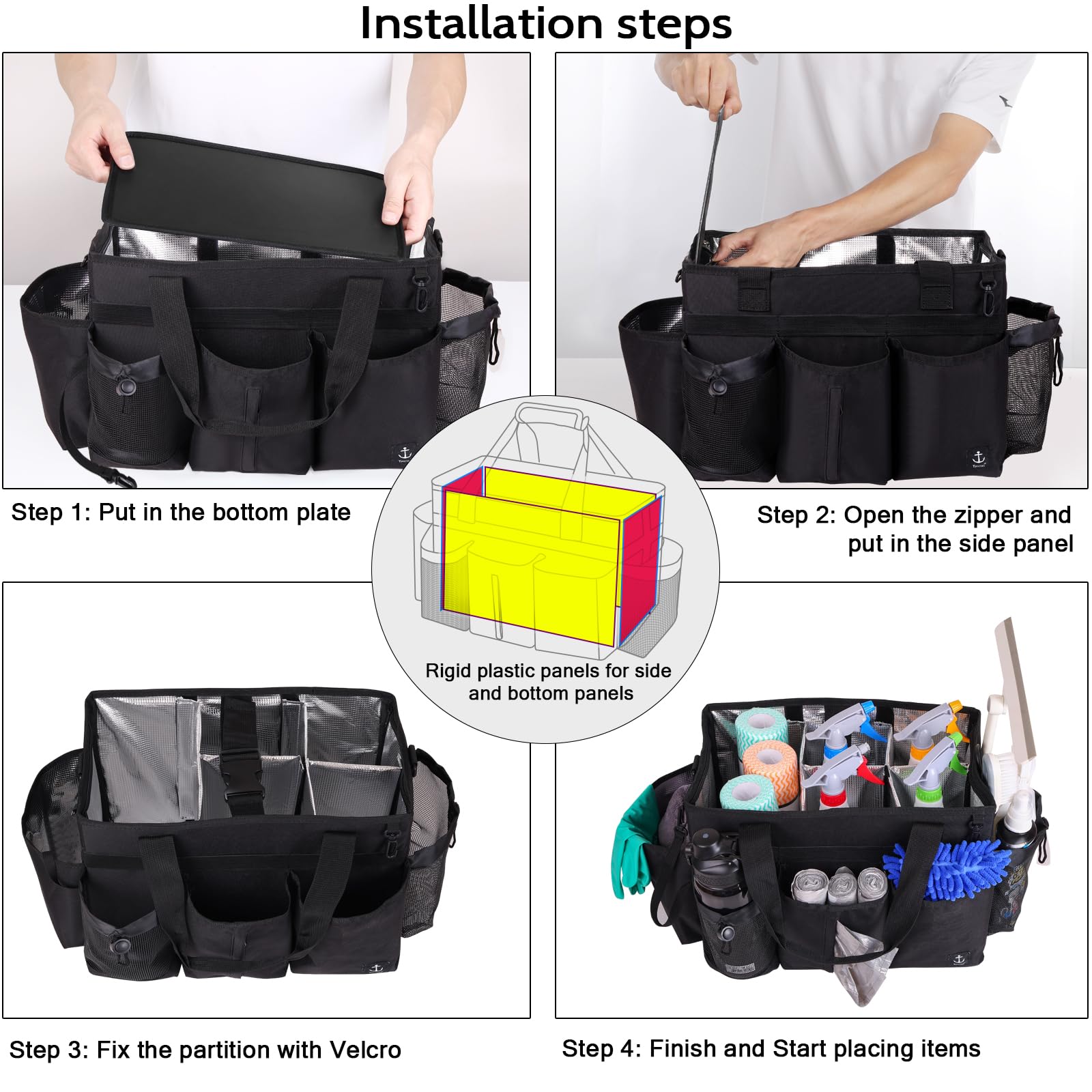 Timoxi Large Wearable Cleaning Caddy Bag with Detachable Divider, Cleaning Organizer with Handles, Cleaning Supply Tote with Adjustable Shoulder Strap&Waist Belt for Cleaners & Housekeeper (Black)