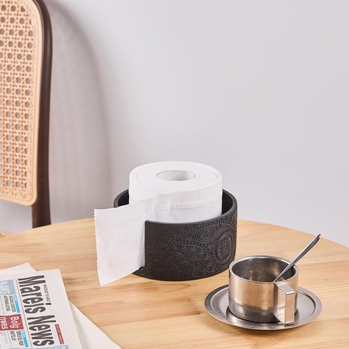 Black Boho Flowers Carved Toilet Paper Holder Stand for Bathroom Countertop or Floating Shelves,Toilet Top Decorative Roll Organizer Mega Roll 5.5 Inches or Less, Free Standing 1 Mega Roll Storage