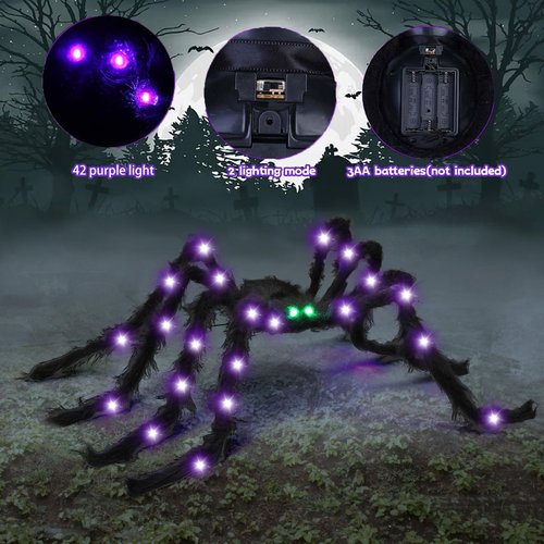 BEIGUO 6.6Ft Halloween Light Up Giant Spider,Scary Large Hairy Spider with Green Lighted Eyes for Yard Lawn Halloween Outdoor Decorations,Indoor Party Decor,Black