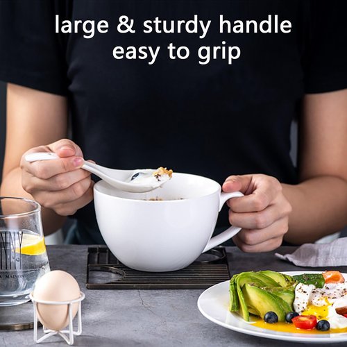 Chulan Extra Large White Bone China Cereal Mugs, 22 oz Ceramic Coffee Mug Set of 6, Latte Mugs Mocha Tea Cup, Jumbo Porcelain Soup Mugs with Big Handle for Desserts Snack, Microwave ＆ Dishwasher Safe