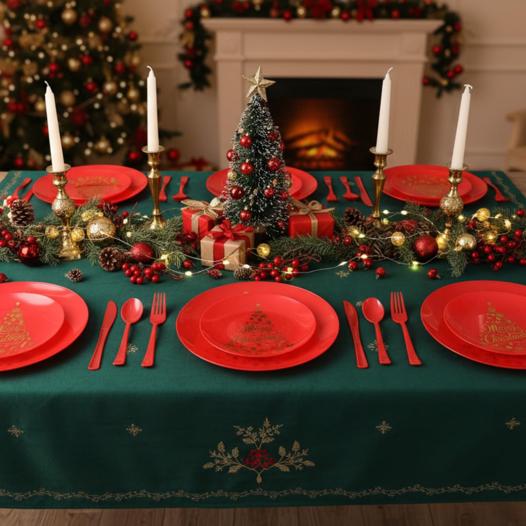 Shellwei 280 Pcs Plastic Dinnerware Set, Disposable Plates Includes 40 Dinner Plates 40 Cups 40 Dessert Plate 40 Papers Napkins 40 Forks Knives Spoons for Party (Christmas)