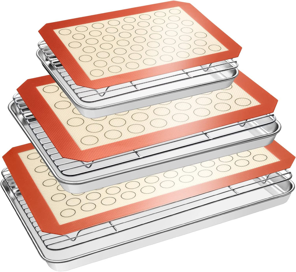 Skiennix Baking Sheet Tray Set - Heavy Duty Stainless Steel Cookie Pan with Silicone Mats | 9-Piece Set in Red