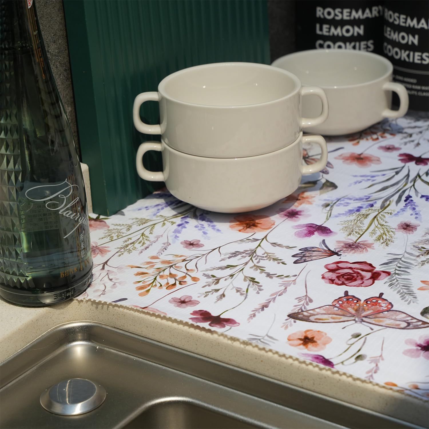 Floral Shelf and Drawer Liner for Kitchen Cabinets,24IN x 10FT Non-Adhesive and Strong Non-Slip Cabinet Drawer Liners for Kitchen Shelf, Waterproof Cupboard Liners,Easy to Clean