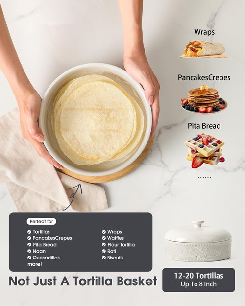 FE Ceramic Tortilla Warmer,Lace Emboss 8.8 Inch Tortilla Holder with Lid for Taco Tuesday, Mexican Night and Party,Taco Bread Pancake,Tortilleros Para Las Tortillas Caliente (Bright White)