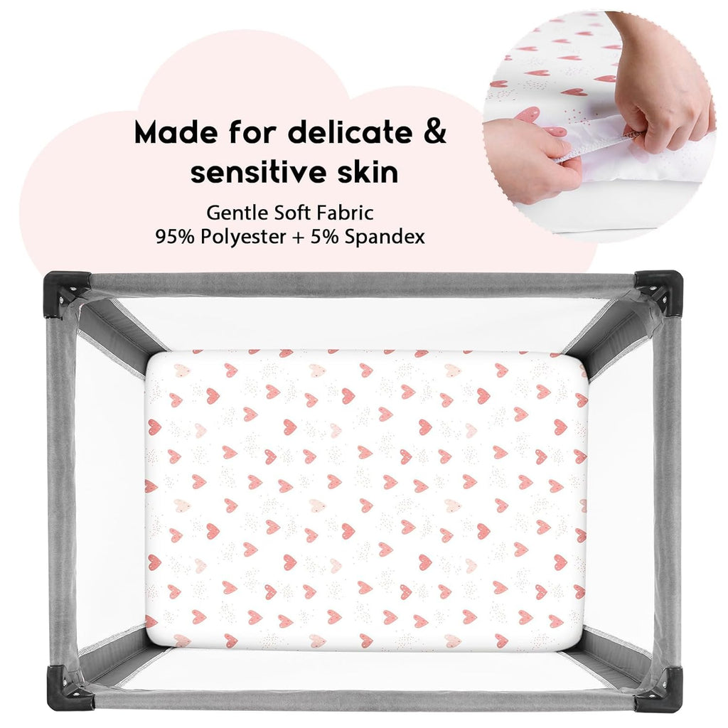 Yoofoss Fitted Pack and Play Sheets - Soft, Breathable Mini Crib Sheets 2-Pack in Pink & Love
