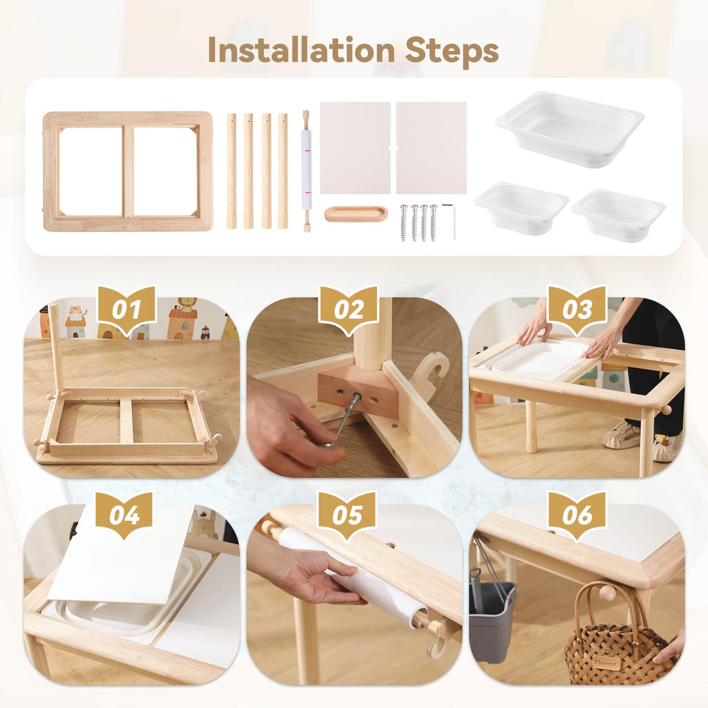 IEATFO Rubber Wood Montessori Sensory Table - 3 Foldable Storage Bins, Reinforced Frame, Height Adjustable Children's Table - Multifunctional Kids Activity Table Promotes Sensory Experiences & Growth
