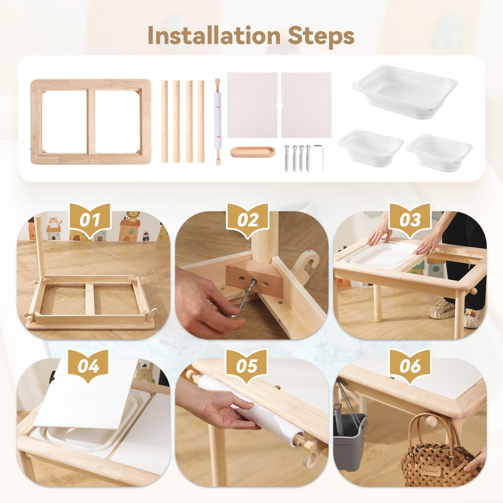 IEATFO Rubber Wood Montessori Sensory Table - 3 Foldable Storage Bins, Reinforced Frame, Height Adjustable Children's Table - Multifunctional Kids Activity Table Promotes Sensory Experiences & Growth