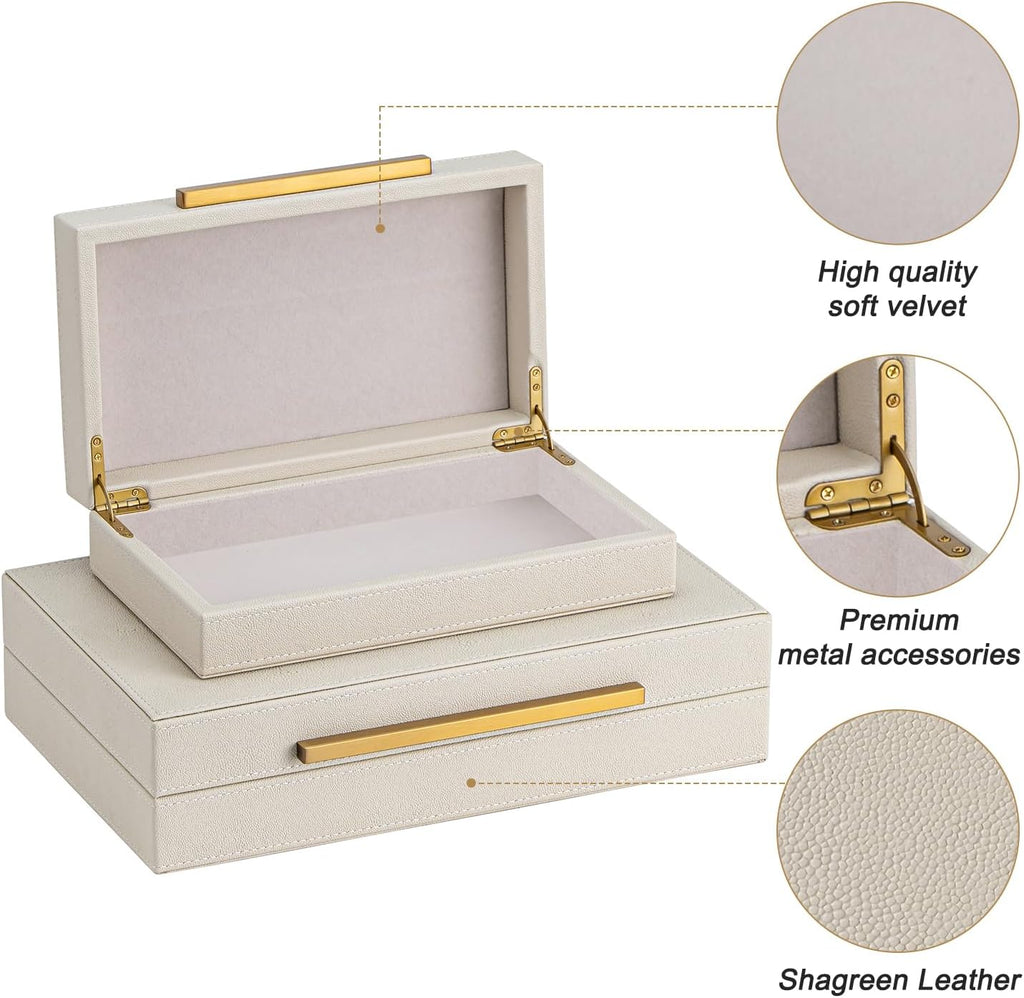 XIGEXIGE Faux Leather Jewelry Box Set - Large Stackable Nesting Organizers in Beige Shagreen with Gold Handles