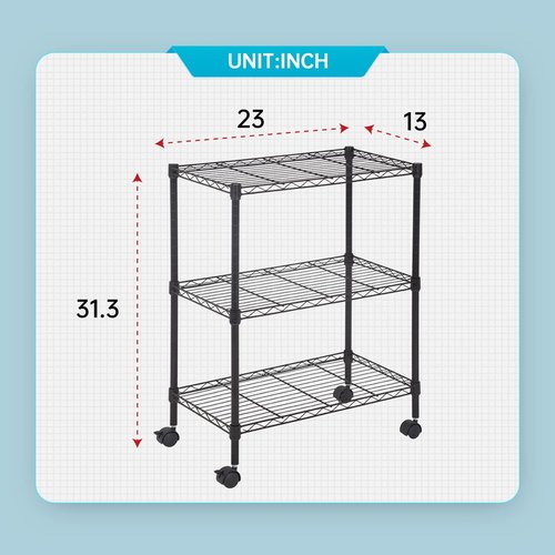 FDW Metal Storage Shelves - 3-Tier Wire Shelving Unit with Wheels for Kitchen & Garage | Black, 23L x 13W x 32H