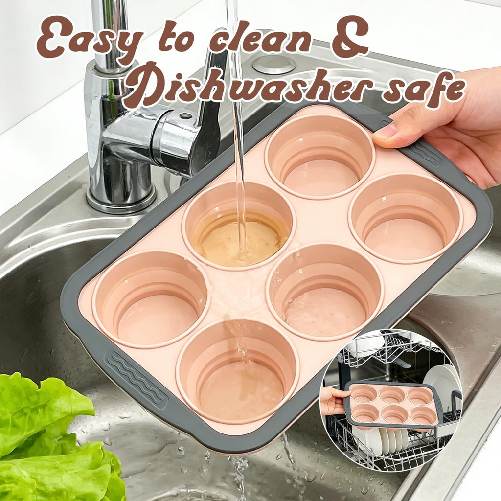 Skiennix Silicone Muffin Pan - 6-Cup Nonstick Bakeware with Metal Frame | Easy Release & Dishwasher Safe (Pink)