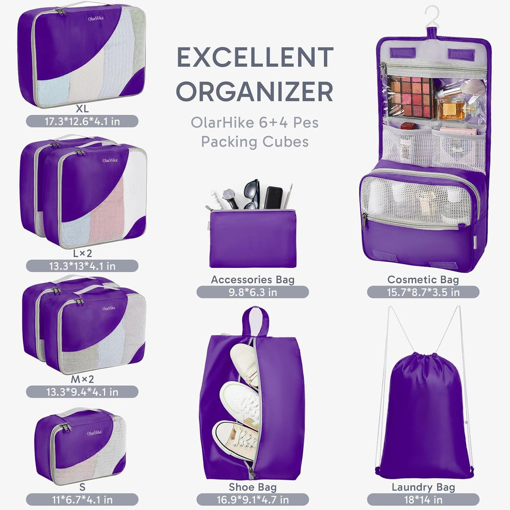 OlarHike Packing Cubes Set - Durable Travel Organizers with Anti-Tear Stitching | 10-Piece Purple Set