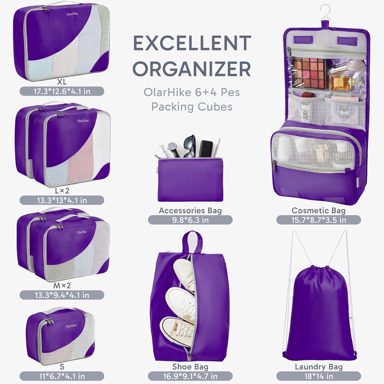 OlarHike Packing Cubes Set - Durable Travel Organizers with Anti-Tear Stitching | 10-Piece Purple Set