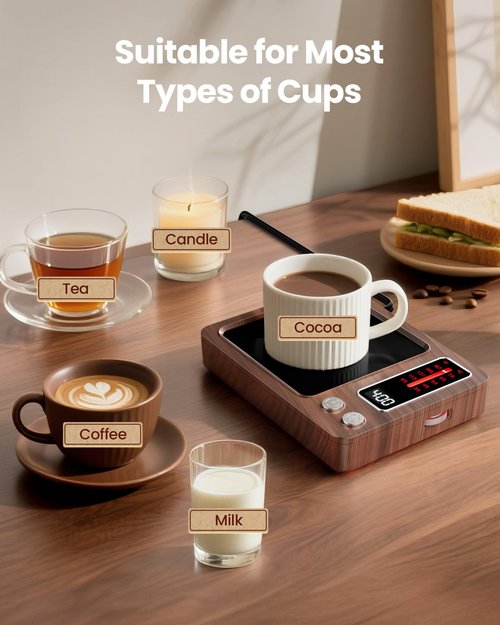 Gaiatop Coffee Mug Warmer, 36W Fast Heating, 5 Temp Settings, 0.5-9H Timer, for Water Milk Tea Cocoa, Smart Candle Warmer, Ideal Gifts for Family, Mom, Fits Most Cups - Wood