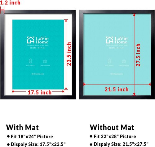 LaVie Home 22x28 Black Picture Frame - Display 18x24 Photos with Mat or 22x28 Without Mat