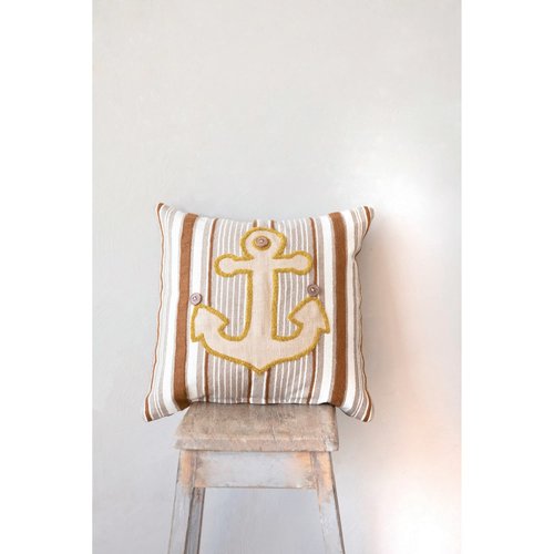 Creative Co-Op Woven Cotton Blend Appliqued Anchor Stripes and Wood Buttons Pillow, 18" L x 18" W x 2" H, Multicolor