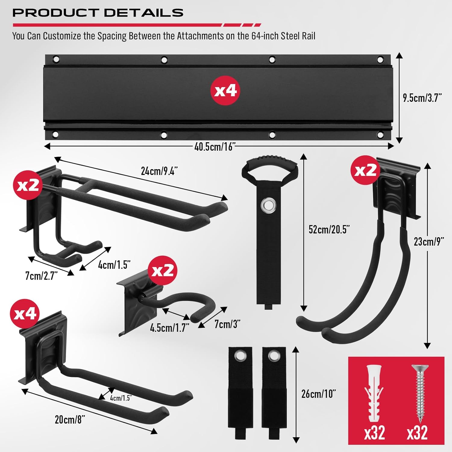 SEDY Heavy Duty Garage Storage Tool Organizer - Wall Mount Rack with Adjustable Hooks, 300lbs Capacity | Easy Installation (10 Hooks, 4 Rails, 3 Straps)