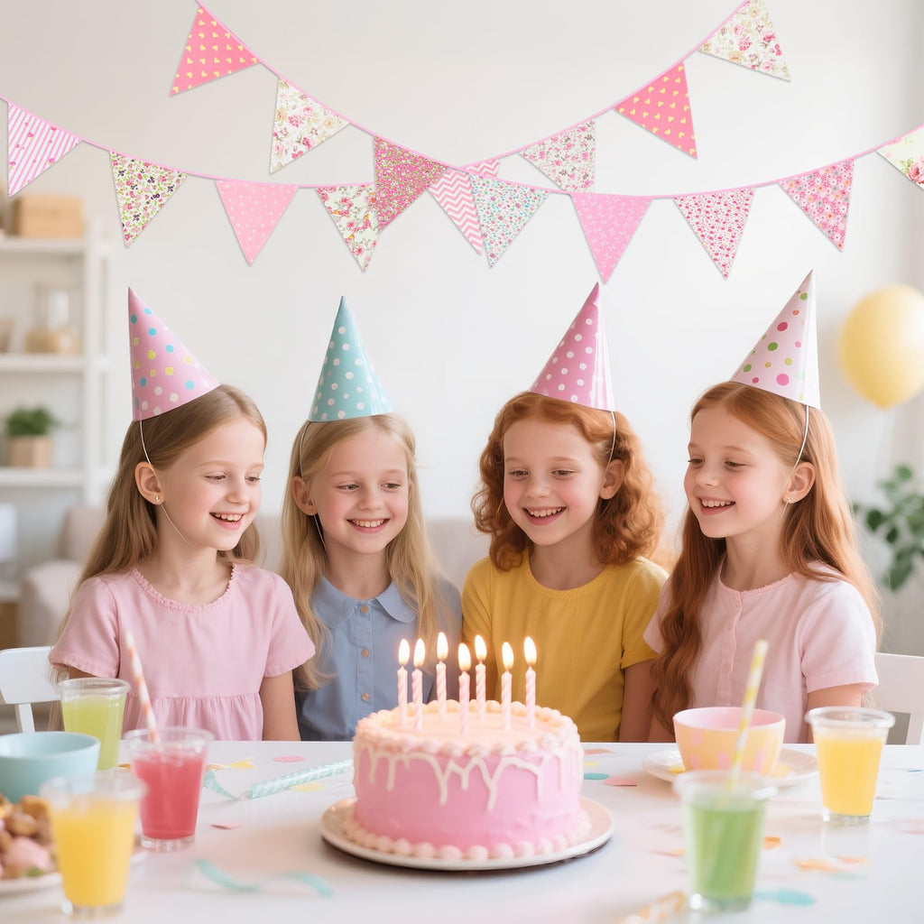 G2PLUS 39Ft Triangle Bunting Banner, 42Pcs Pink Floral Garland Pennant Banner, Reusable Cotton Triangle Flags Party Decoration for Birthday, Wedding, Garden Tea Party, Baby Shower, Room Decor