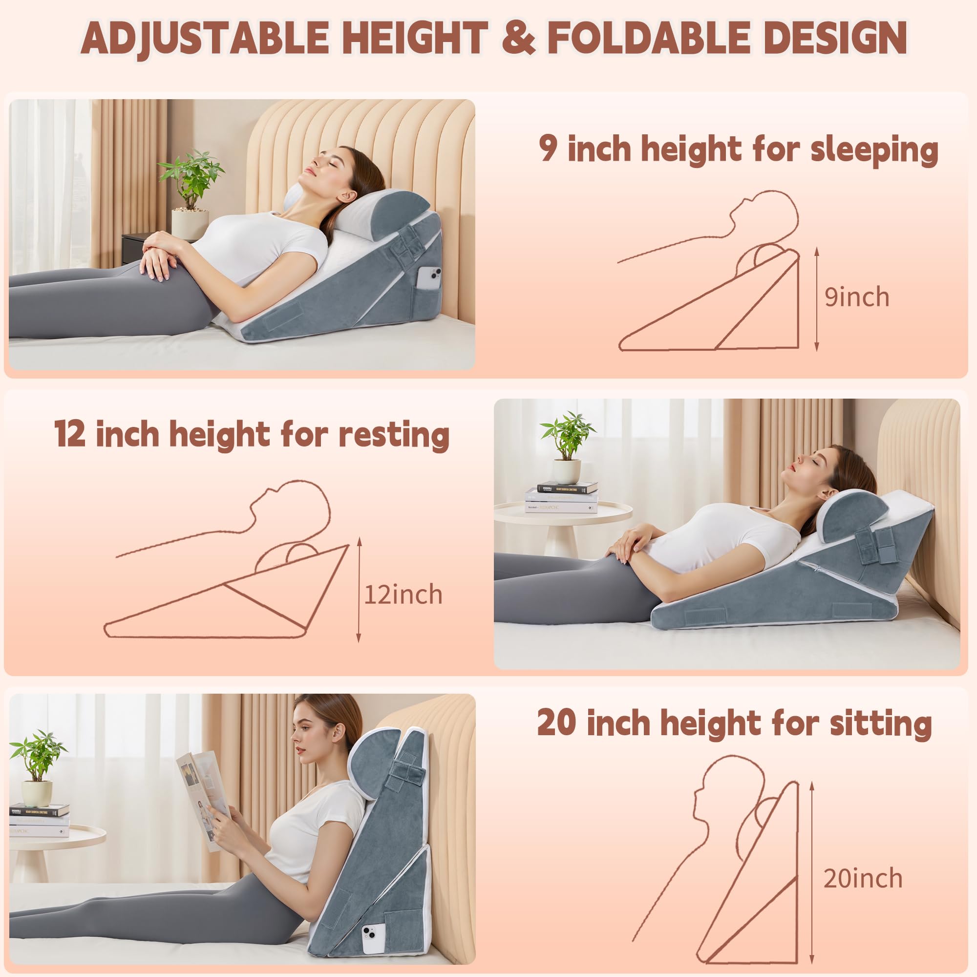 VMFKPNR 3PCS Bed Wedge Pillow Set for After Surgery, 9&12inch Orthopedic Memory Foam Adjustable Pillow Wedge for Acid Reflux Relief, Back Pain, Neck&Back Support