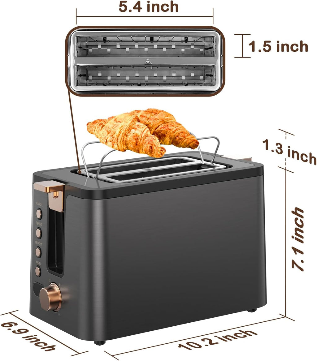 Mecity 2-Slice Stainless Steel Toaster - Extra Wide Slots, 6 Browning Settings & Timer | Grey Finish
