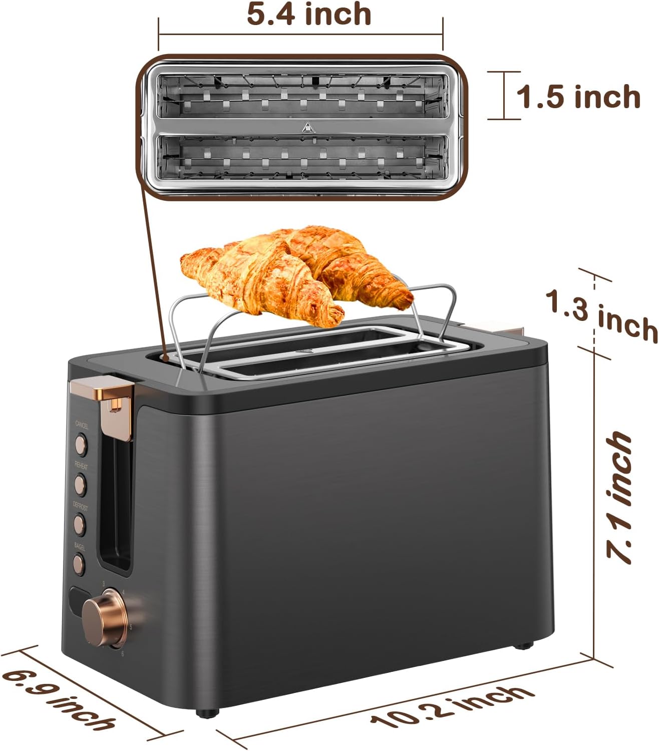 Mecity 2-Slice Stainless Steel Toaster - Extra Wide Slots, 6 Browning Settings & Timer | Grey Finish
