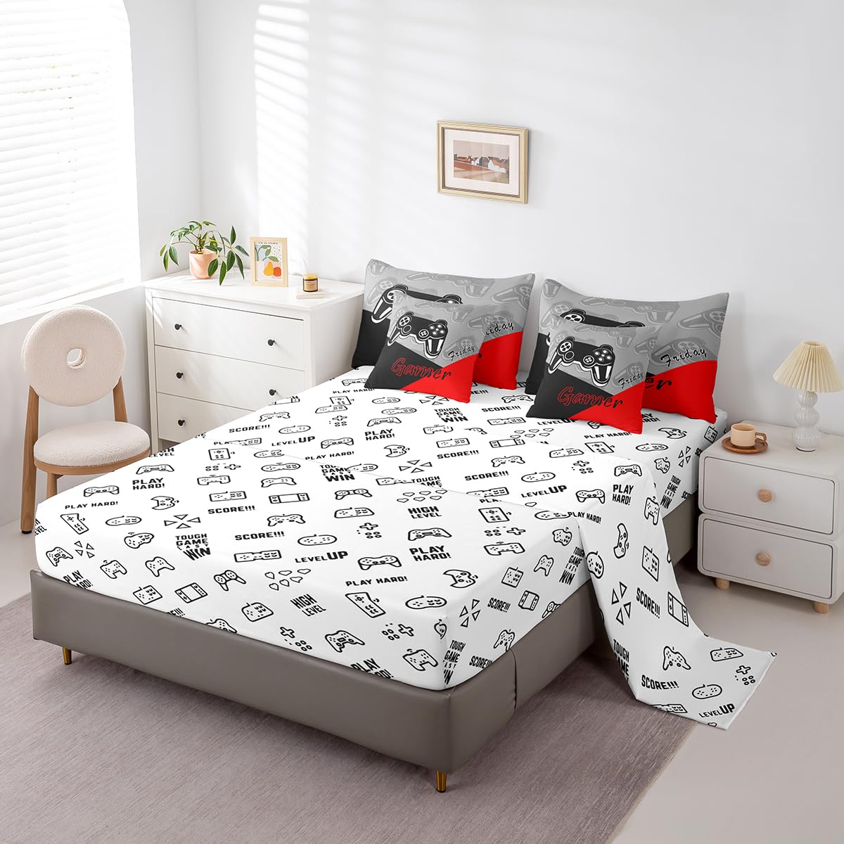 Feelyou Gamer Comforter Set with Sheets for Boys Teens Gaming 7 Piece Bedding Set Queen Size Video Game Contoller Home Bed in a Bag Decor for Kids Bed Set