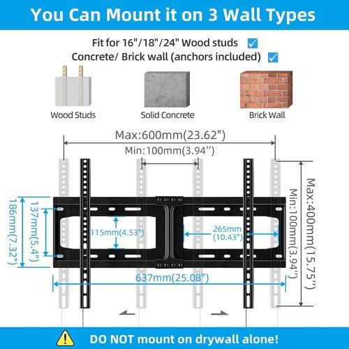 HOME VISION Heavy Duty TV Wall Mount - Fits 32-86 Inch Flat Screens, Max VESA 600x400mm, Supports 165lbs