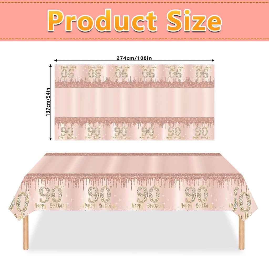 Poqirzan 2PCS Pink Rose Gold 90th Birthday Tablecloth 90th Birthday Table Cover Party Supplies Happy 90st Party Decorations for Women Plastic Disposable Gathering Table Cloth (54"x108")
