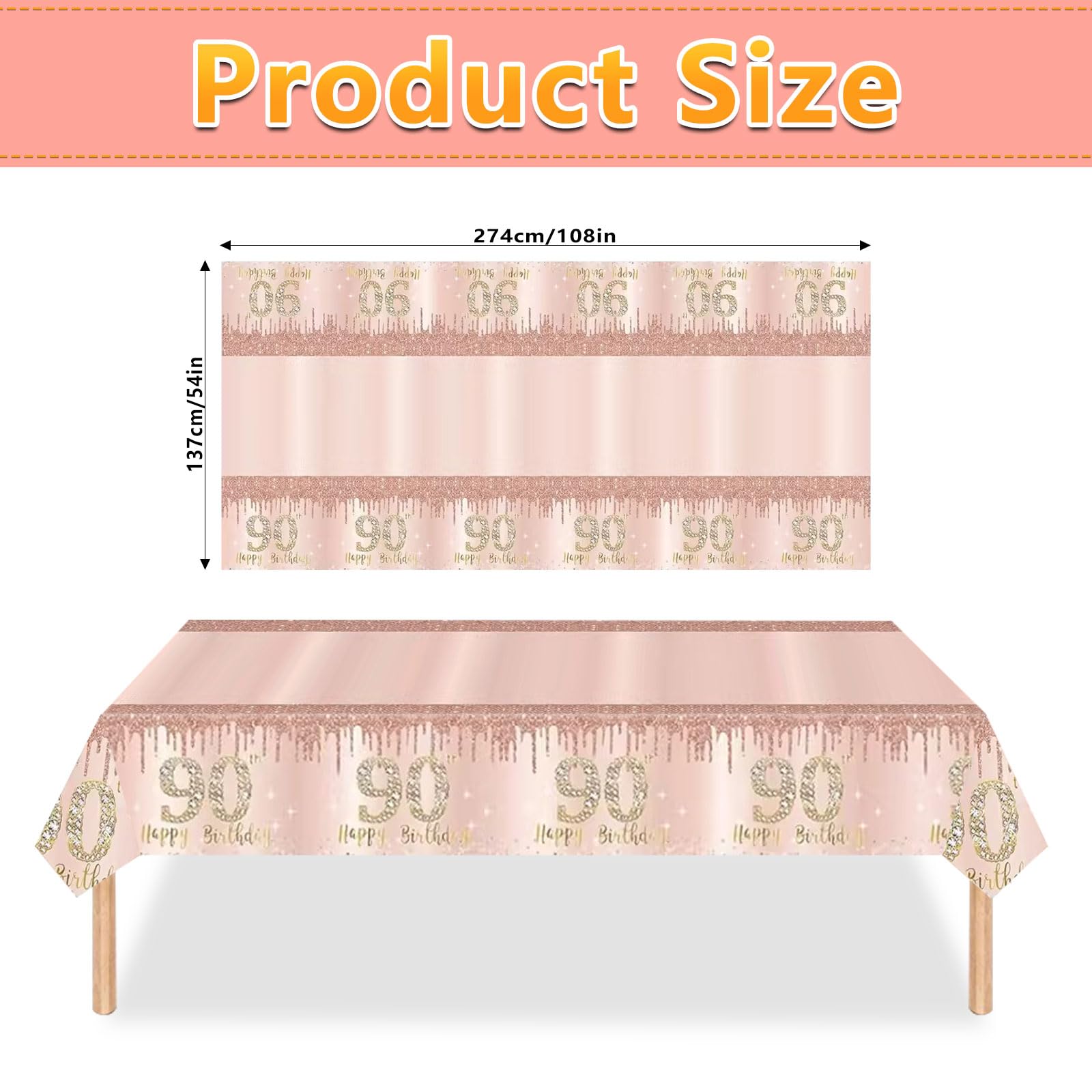 Poqirzan 2PCS Pink Rose Gold 90th Birthday Tablecloth 90th Birthday Table Cover Party Supplies Happy 90st Party Decorations for Women Plastic Disposable Gathering Table Cloth (54"x108")