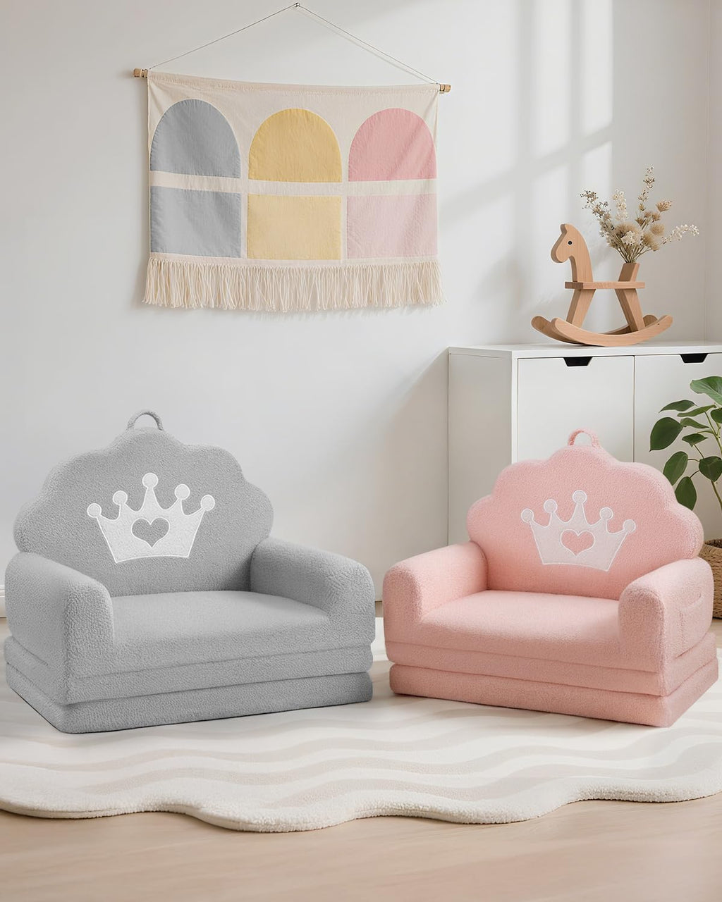 PIIKAGO 2-in-1 Kids Couch Fold Out, Soft Teddy Sherpa Toddler Couch with Crown Design, Convertible Kids Sofa to Lounger for Nap & Playtime, Cozy Children's Furniture for Boys & Girls, Grey