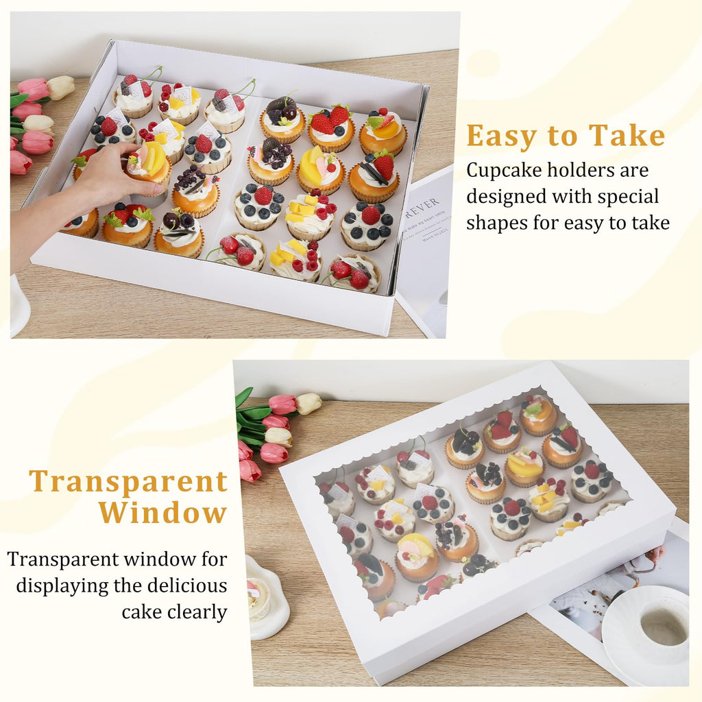 CHENZEM 24 Count Cupcake Box, 8 Pack Cupcake Containers with Windows and Inserts, Disposable Cupcake Carriers for Muffins, Treats, Pastries, Mother's Day 19 x 14 x 3.9 Inches (White, 24Count /8Pcs)