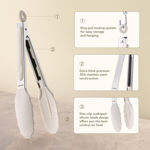 CAROTE Kitchen Tongs Set - Heat Resistant Stainless Steel with Non-Scratch Silicone Tips | 3 Sizes (7", 9", 12")