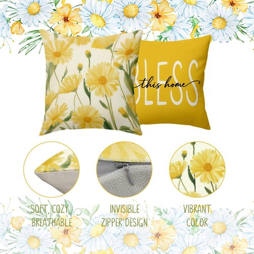 BBOLDIN Spring Summer Throw Pillow Covers 18x18, Yellow Floral Flower Pillow Cases Set of 4, Home Sweet Home Cushion Covers Decorations for Sofa Farmhouse Living Room