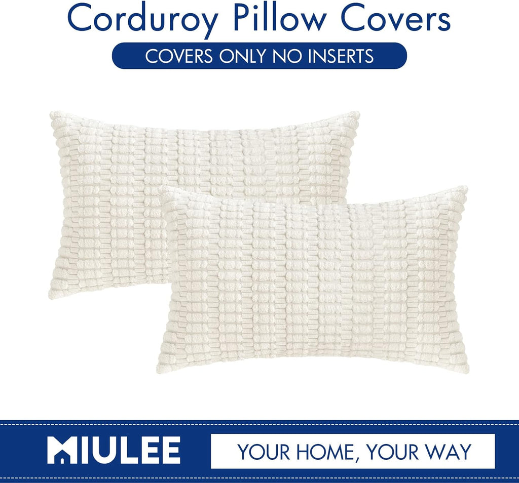 MIULEE Corduroy Decorative Lumbar Pillow Covers - Soft Boho Striped Design | 20x12 Inch, Pure White