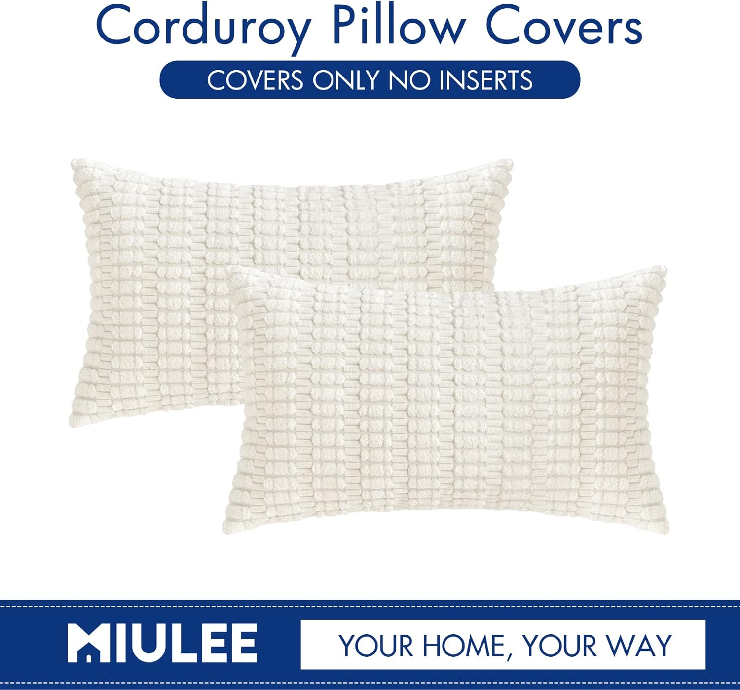 MIULEE Corduroy Decorative Lumbar Pillow Covers - Soft Boho Striped Design | 20x12 Inch, Pure White