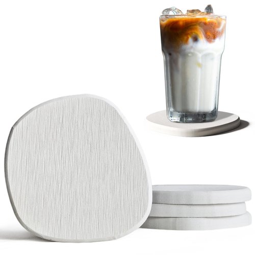 Diatomaceous Earth Coasters Set of 4 for Drinks, Moisture Water Absorbent Stone Coasters for Table Desk at Work, Water Absorbing Instant Drying Diatomite, Modern White