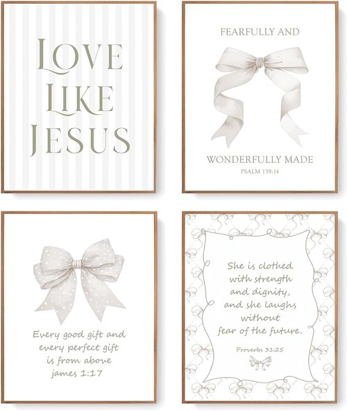 LARTSFRO Coquette Beige Bow Wall Art Decor - Inspirational Christian Posters for Teen Girls | Set of 4 Unframed 10x8 Inch