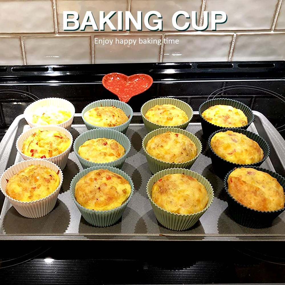 Skiennix Extra Large Silicone Muffin Cups - 12 Pcs Reusable Baking Liners, 3.54 Inch, Easy to Clean | Green & White
